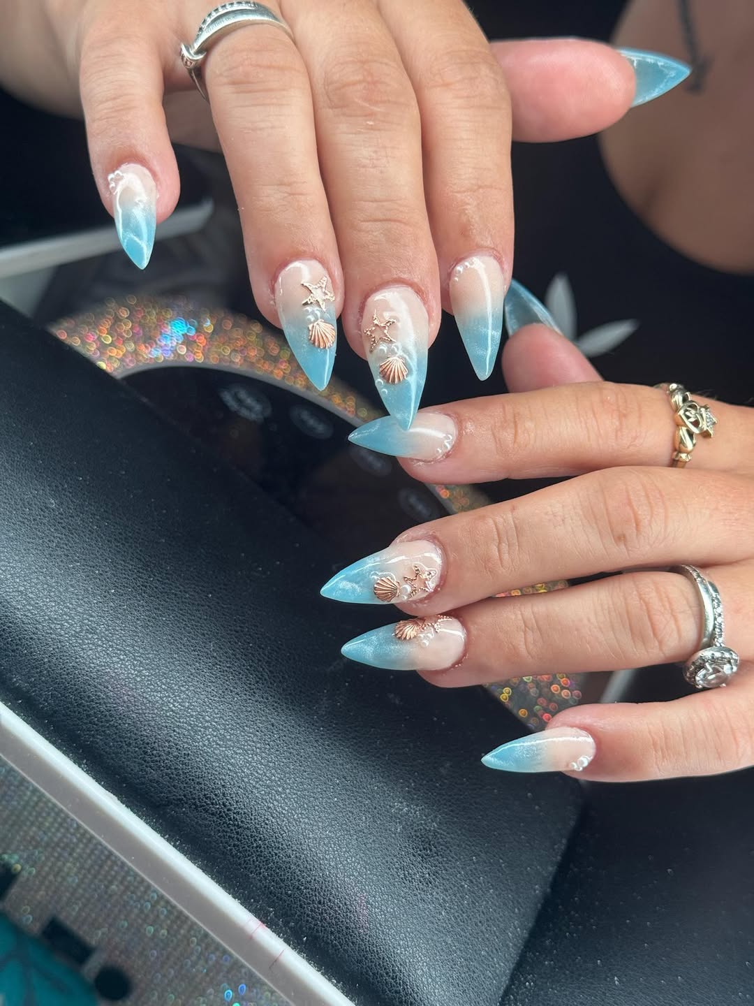 Dreamy Ocean Blur Stiletto Nails With Seashell Gems