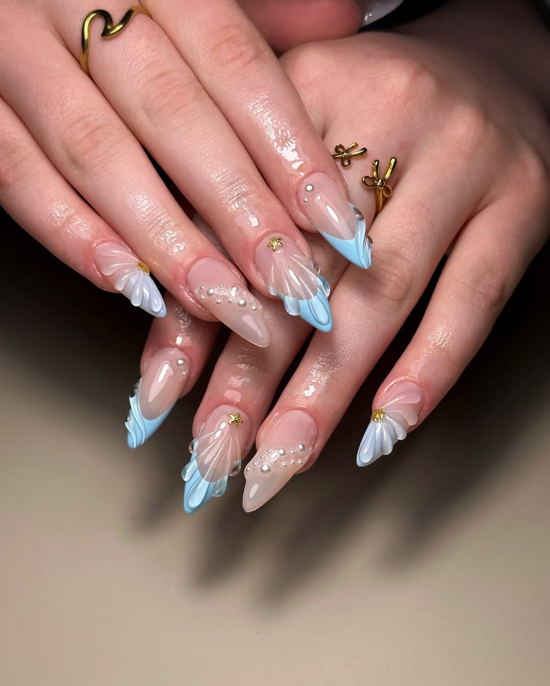 Dreamy Ocean Ombré Stiletto Shell Nails