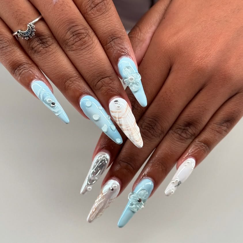 Dreamy Ocean Ombre Stiletto Nails with 3D Charms