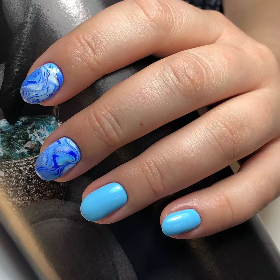 Dreamy Ocean Swirl Blue Pastel Nails