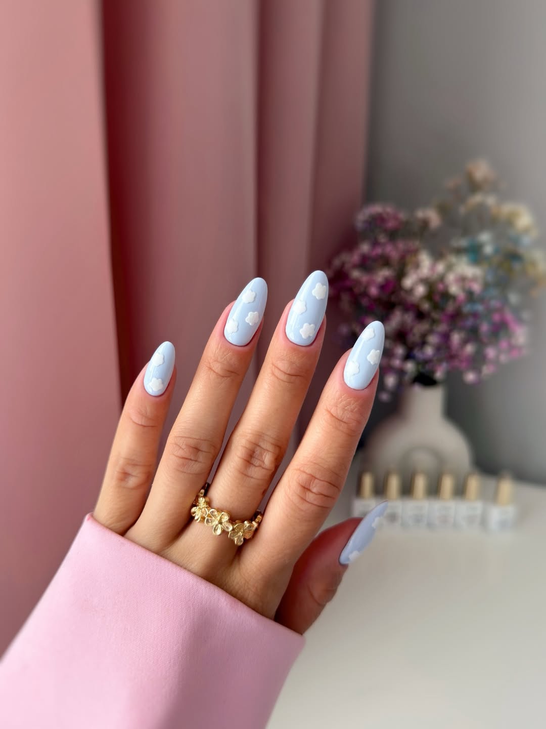 Dreamy Pastel Blue Cloud Almond Nails