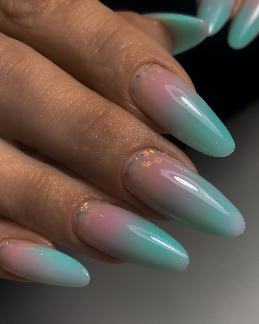 Dreamy Pink Blue Ombre Almond Glitter Fade Nails