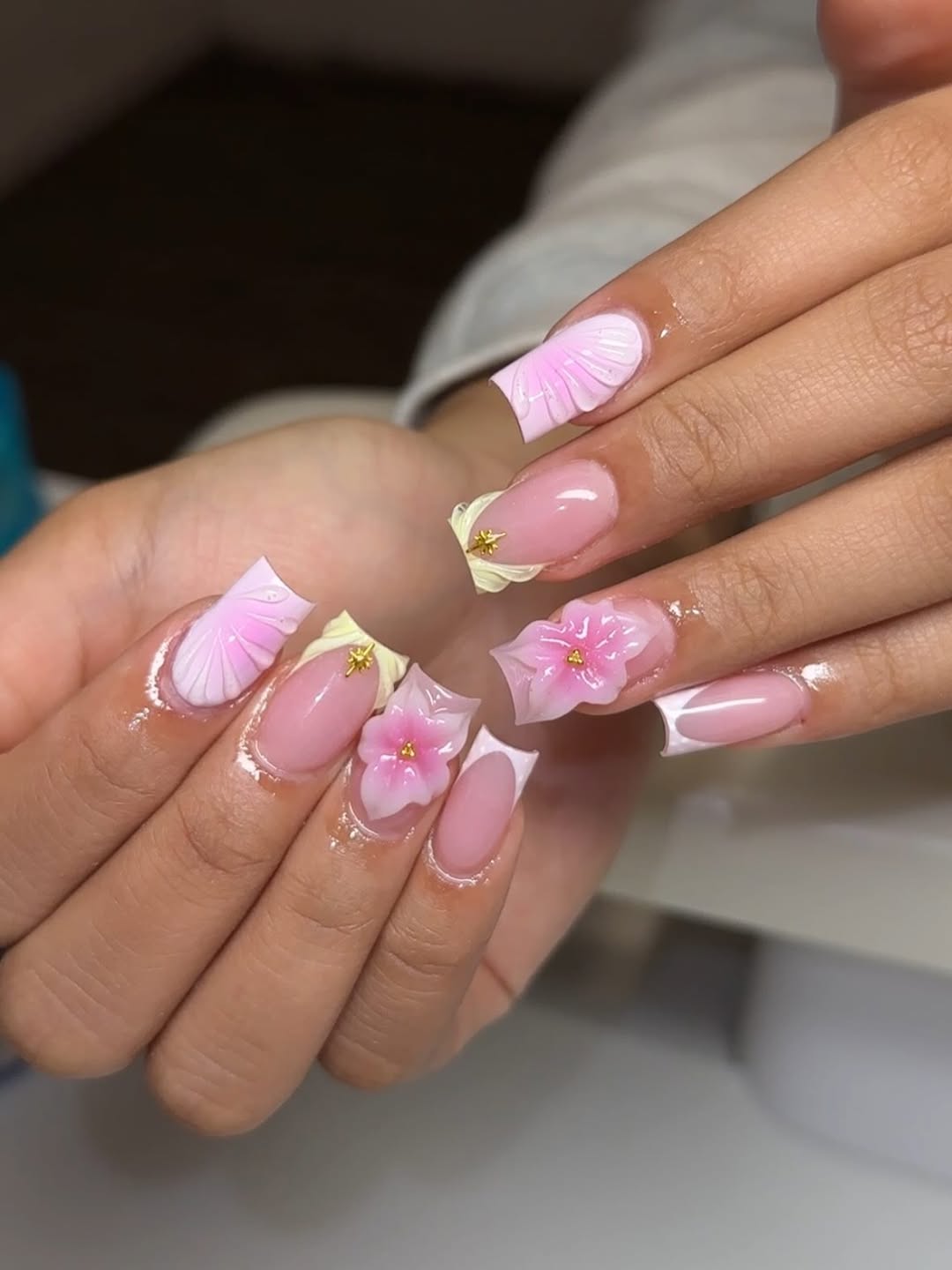 Dreamy Pink French Tip 3D Floral Starfish Acrylics