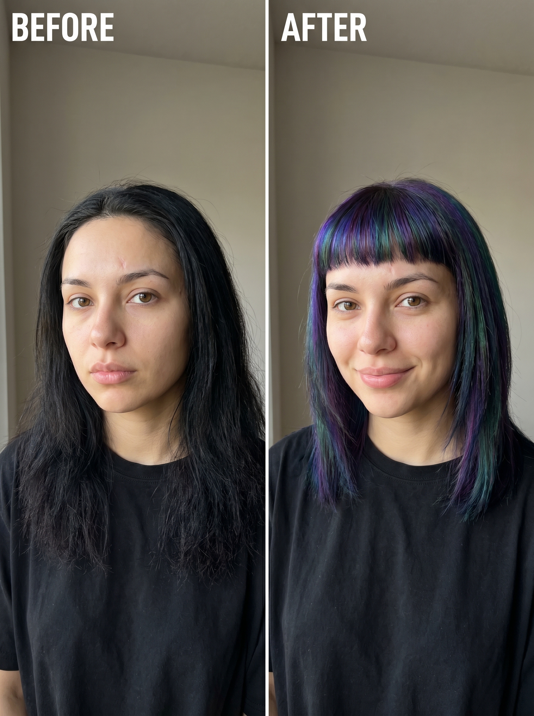 Cyber-Grunge Micro-Bangs with Oil Slick Iridescence — edgy dark hair summer 2026 Cyber-Grunge Micro-Bangs with Oil Slick Iridescence — edgy dark hair summer 2026 inspiration