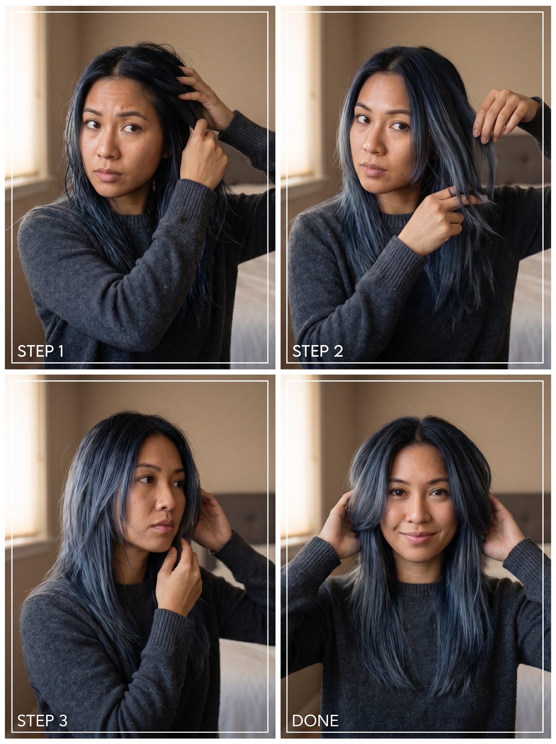 Midnight Jellyfish Cut: Edgy Dark Hair Summer 2026 Balayage Avant-garde midnight jellyfish cut with blue-steel balayage, an edgy dark hair summer 2026 look. Features deep blue-black and steel grey tones, styled with smoothing balm and a flat iron for fashion events.