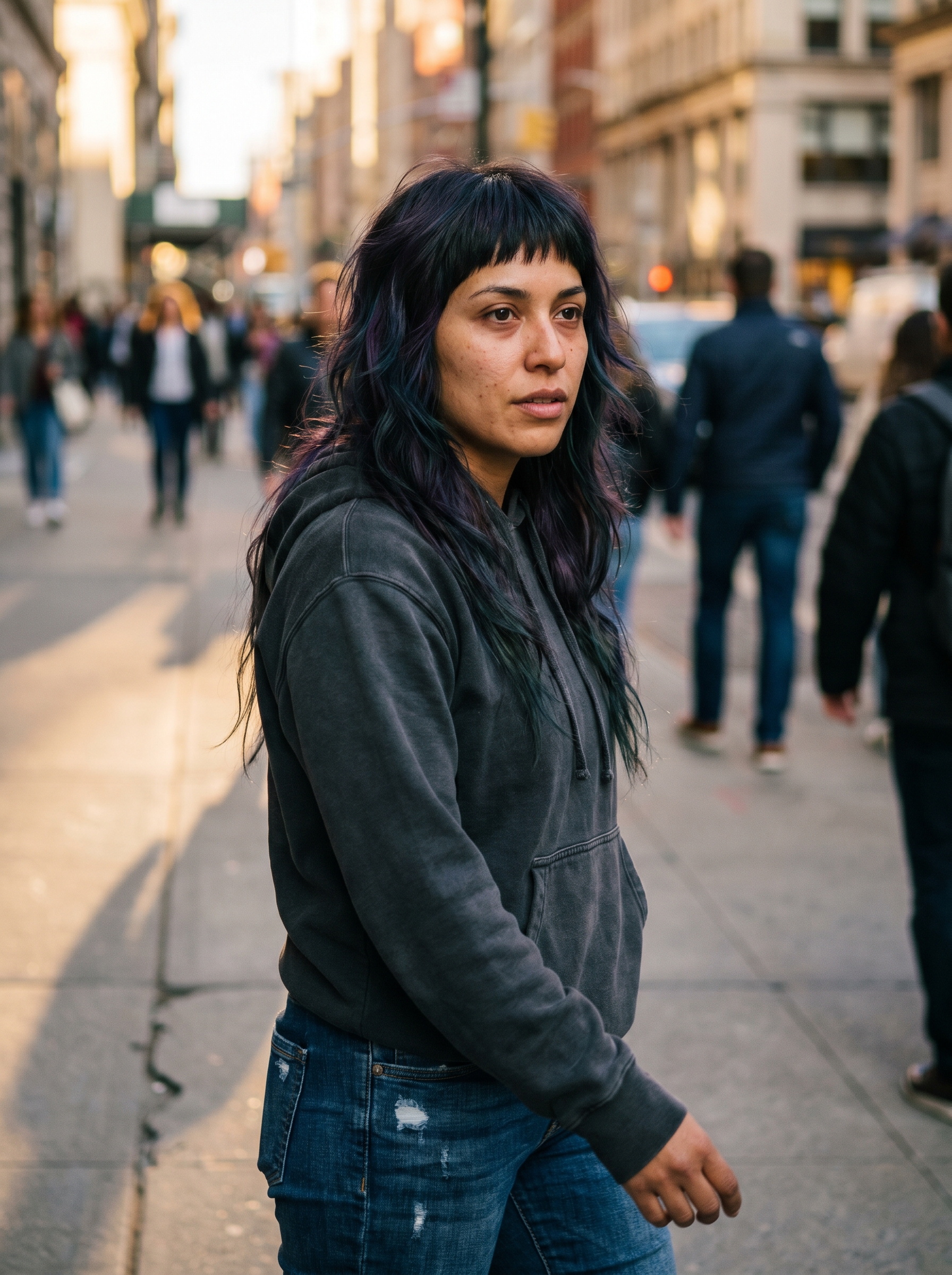 Cyber-Grunge Micro-Fringe Wolf Cut: Edgy Dark Hair Summer 2026 An edgy dark hair summer 2026 micro-fringe wolf cut with oil slick iridescence. This cyber-grunge style in deep black is perfect for creative work. Achieved with high-shine laminating spray and matte texturizing paste.