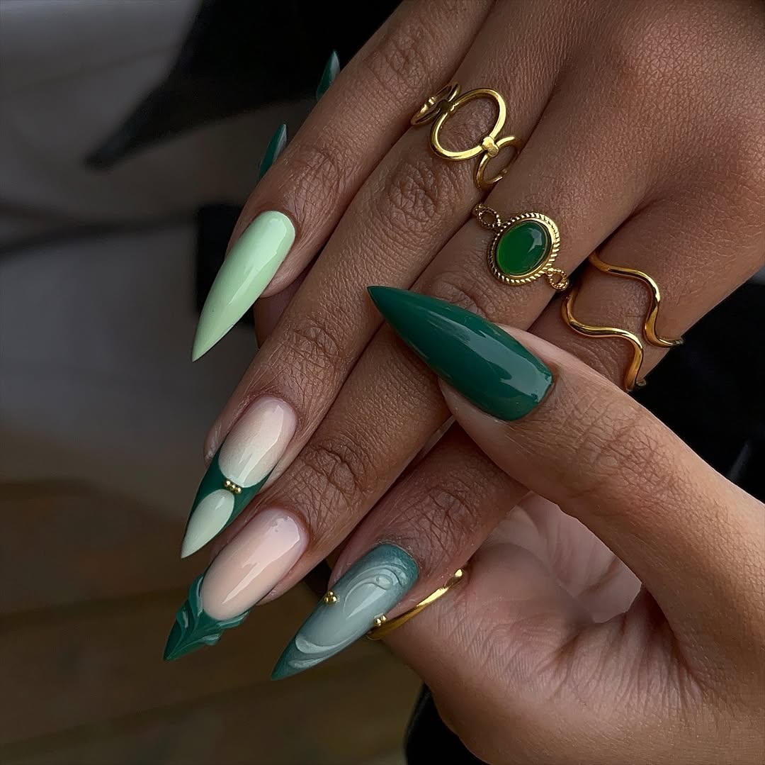 Emerald Forest Green Stiletto Marble Art