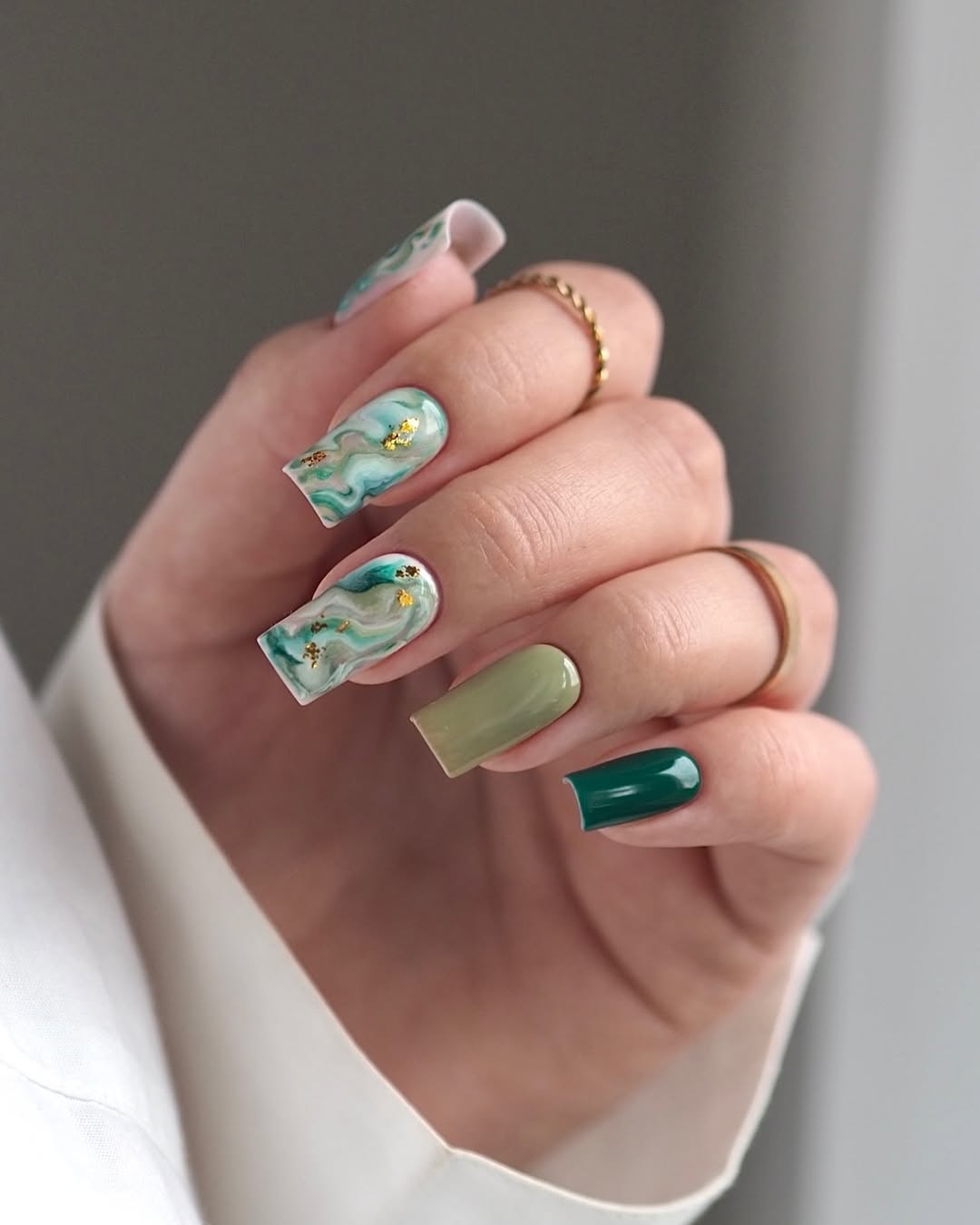 Emerald Green Marble Gold Flake Square Nails