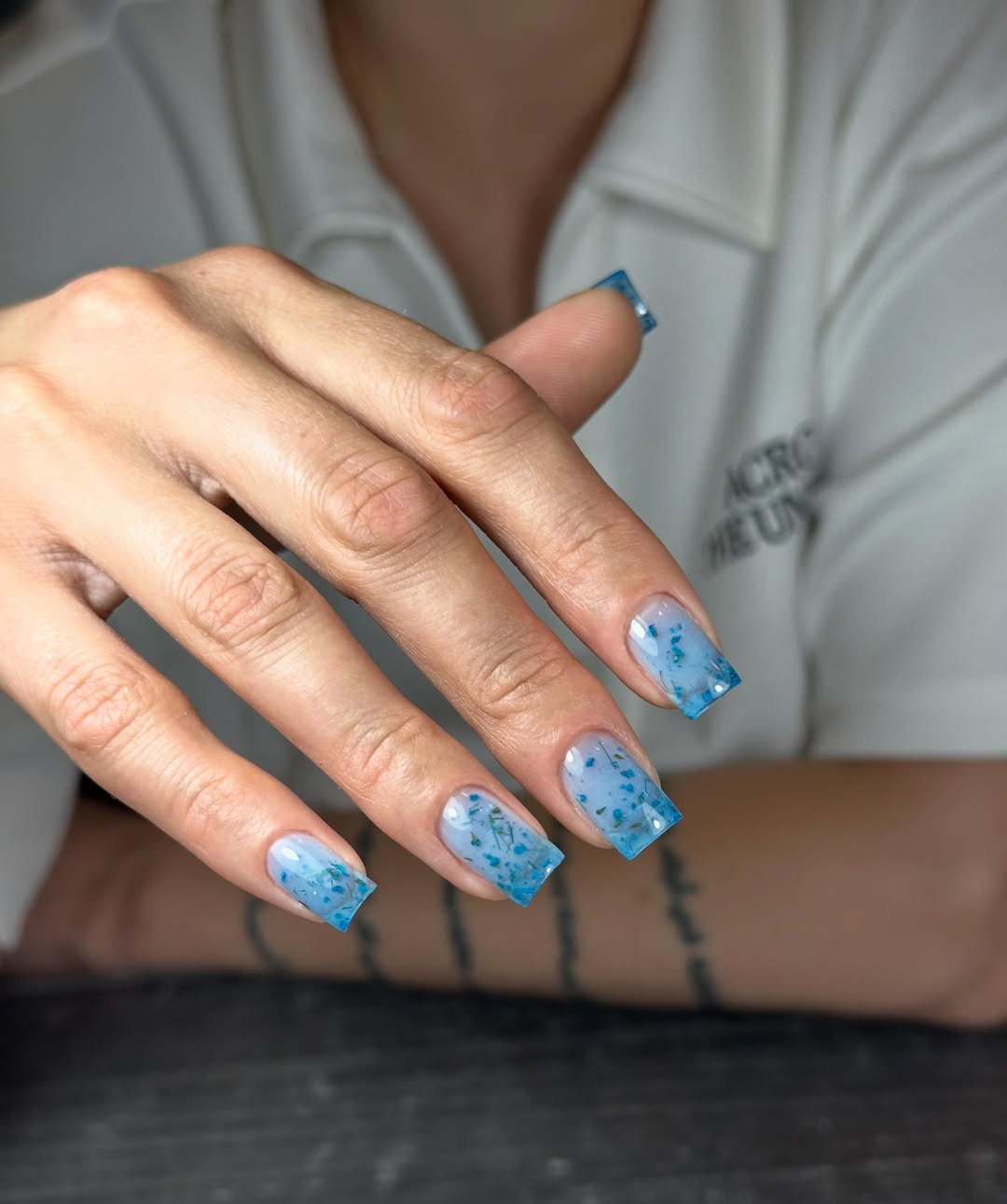 Encapsulated Blue Floral Glossy Square Nails