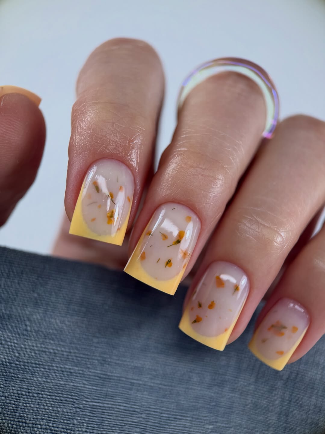 Encapsulated Dried Flower Yellow French Square Nails