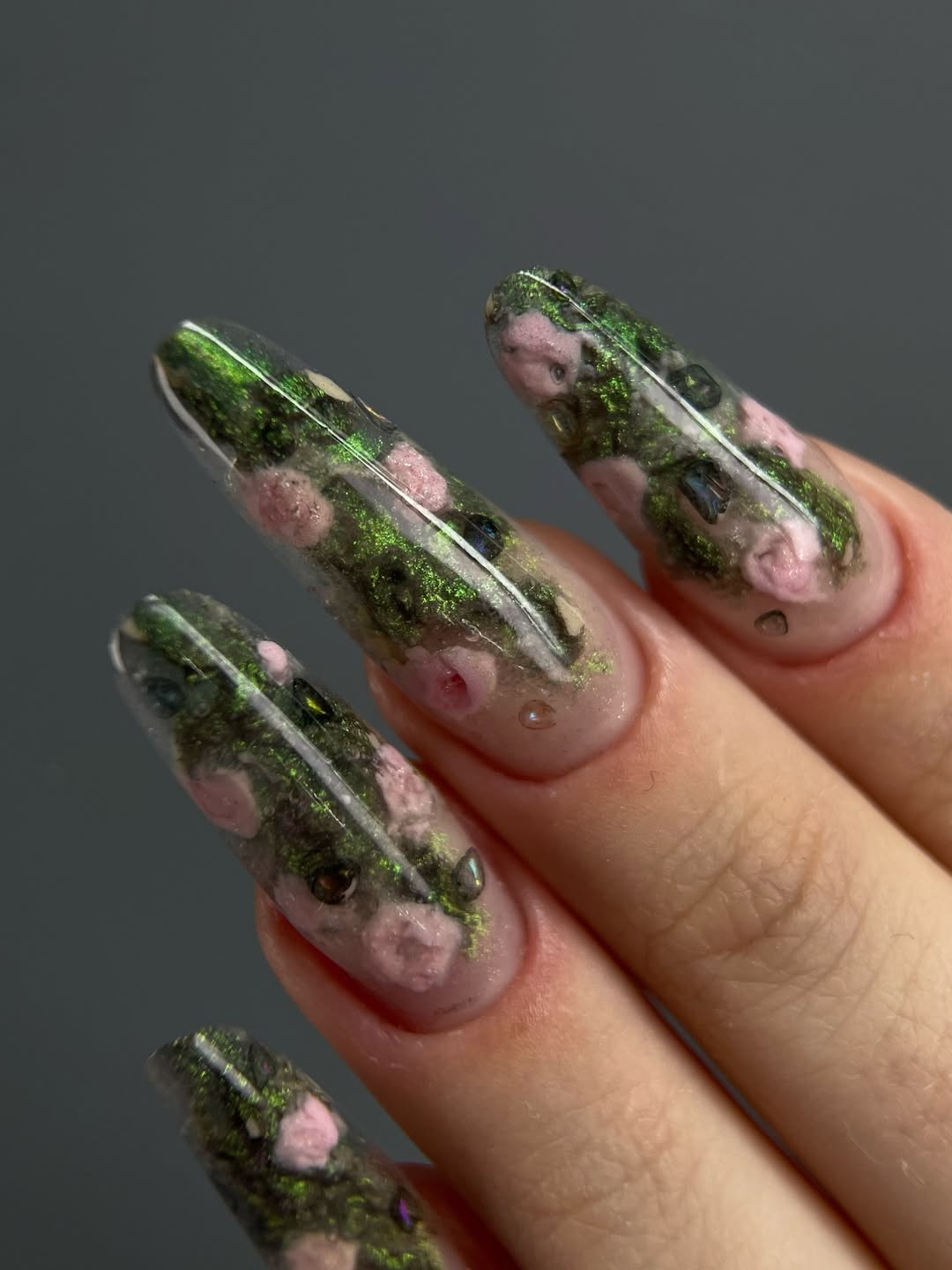Encapsulated Floral Garden Green Glitter Coffin Nails