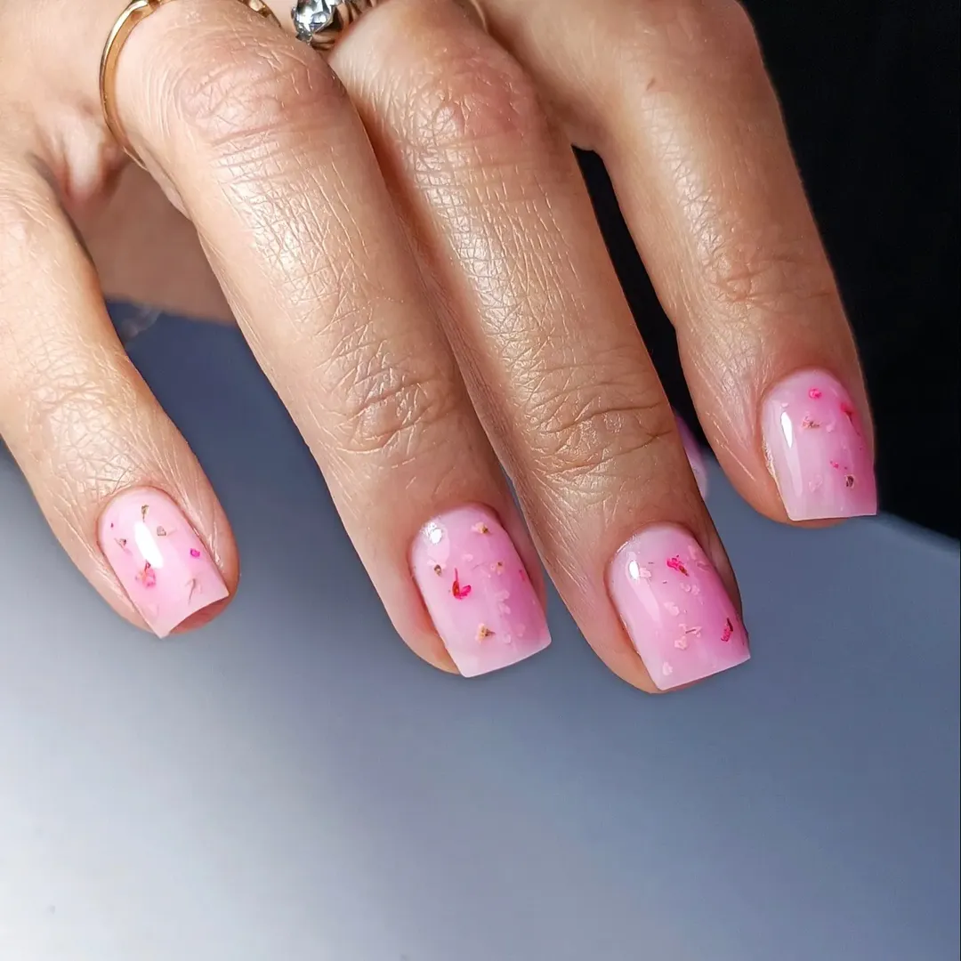 Encapsulated Pink Petals Glossy Short Square Nails