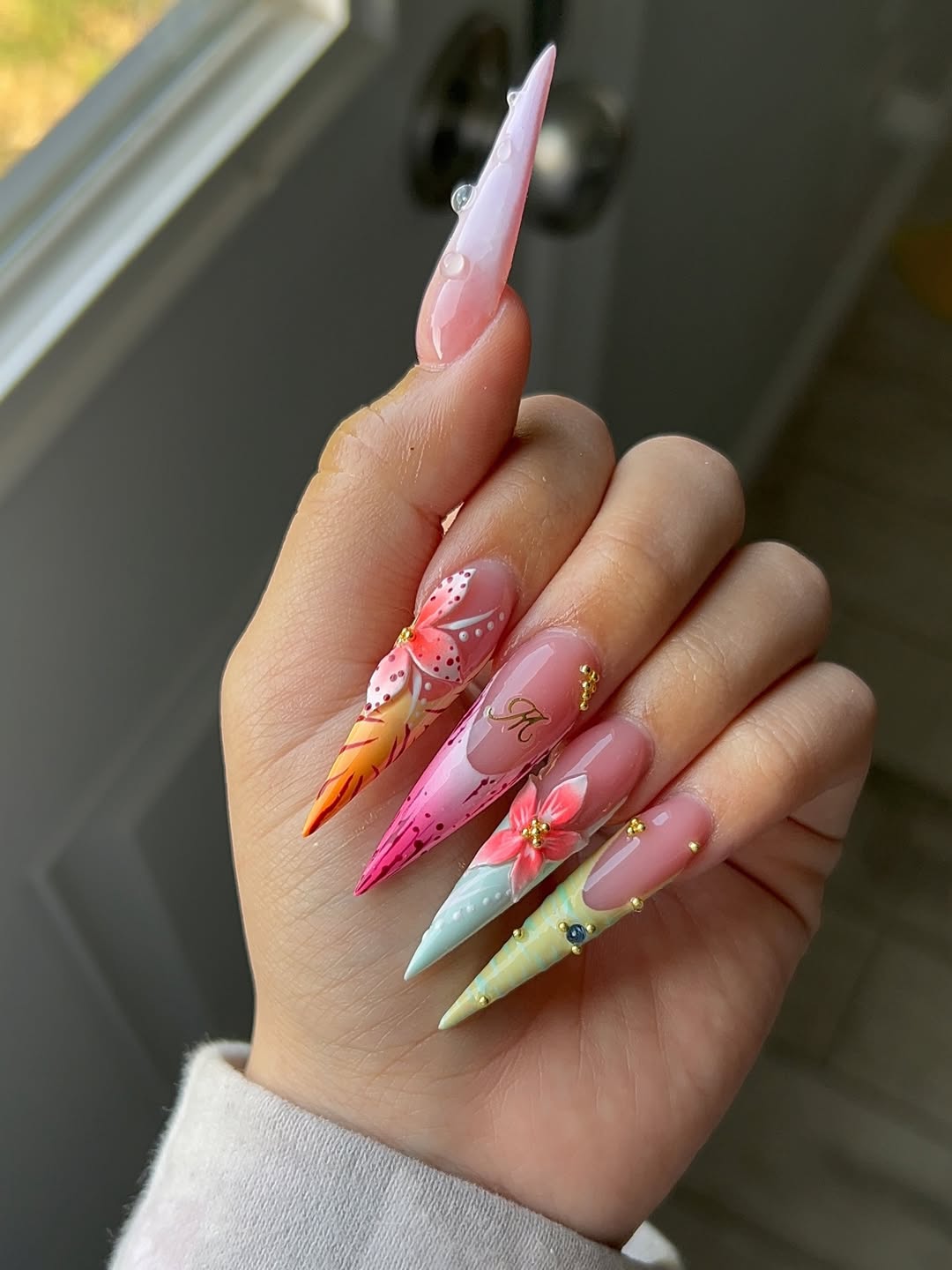 Exotic Multi-Color Stiletto 3D Floral Embellished Nails
