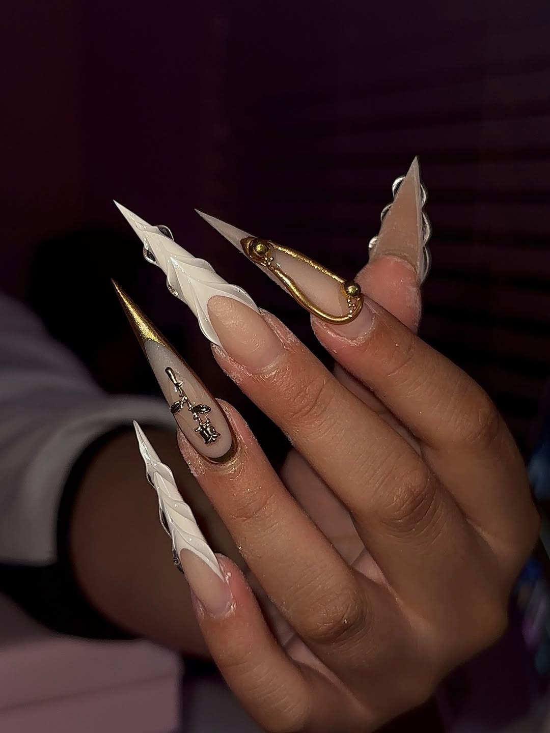 Extra Long Stiletto Sculptural White Gold 3D Charm Nails