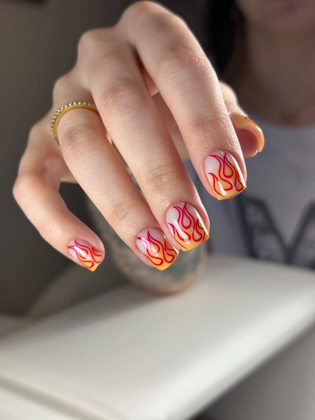 Fiery Summer Flame Hand-Painted Square Nails