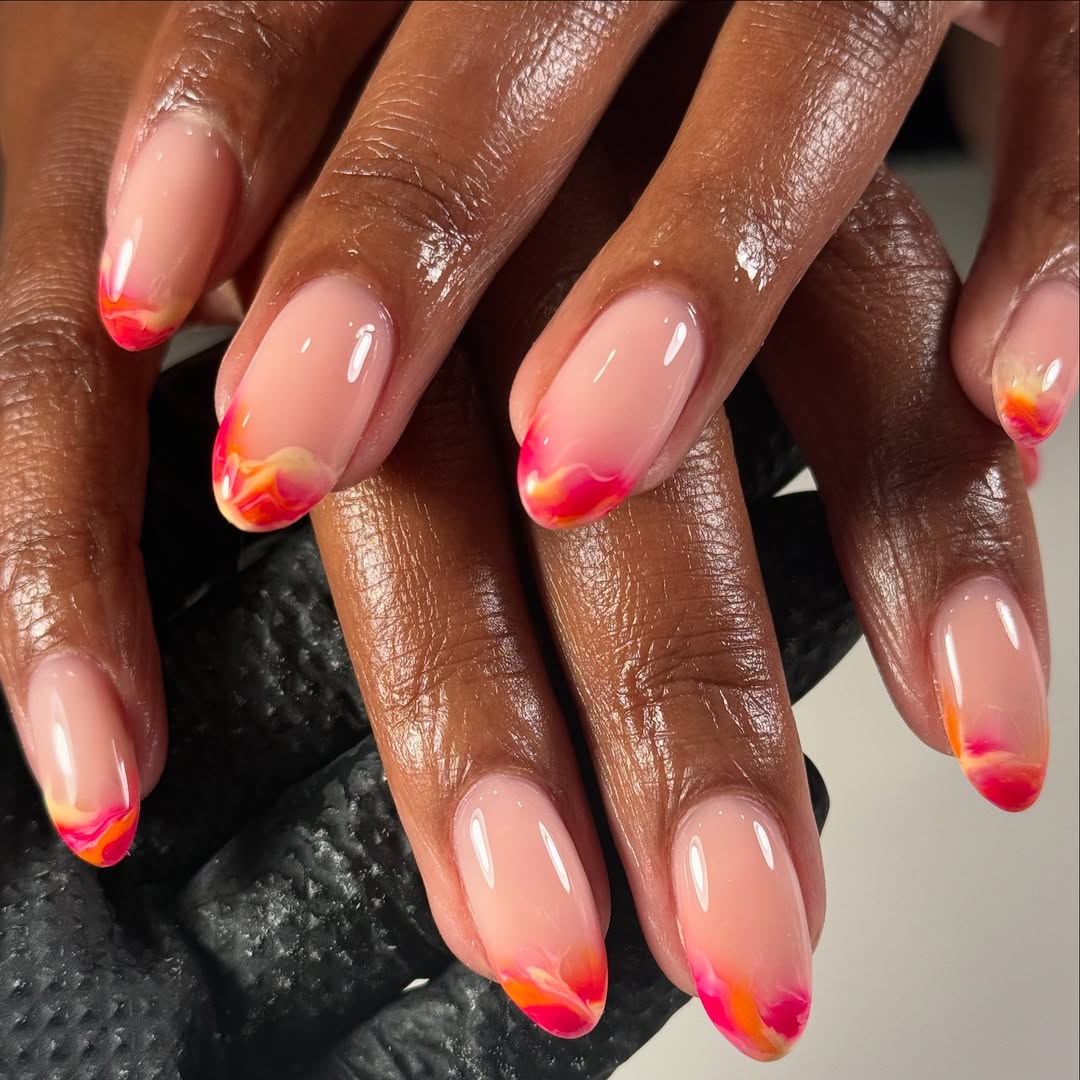 Fiery Sunset Aura French Oval Nails