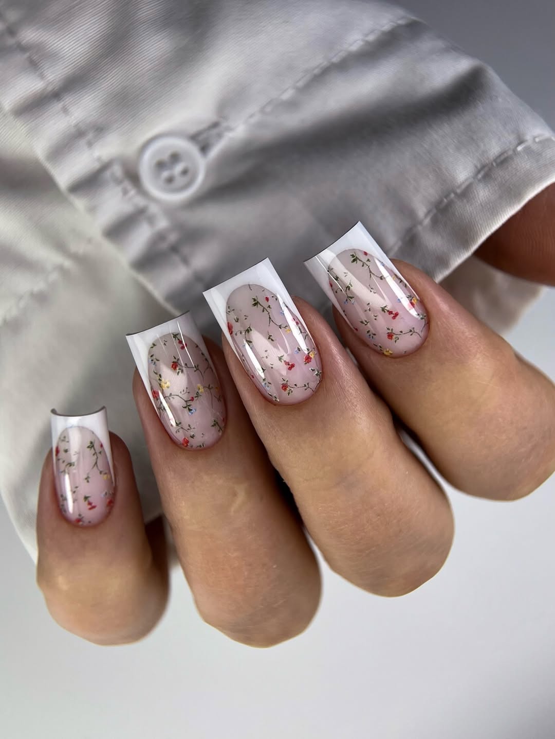 Floral Garden French Tip Long Square Nails
