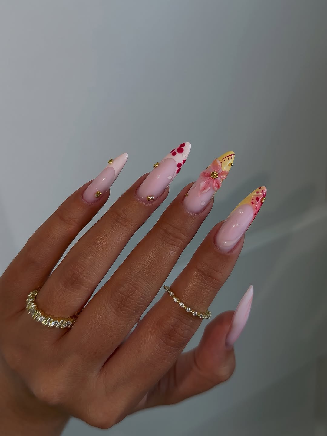 French Tip Floral Decal Gold Pearl Stiletto Nails