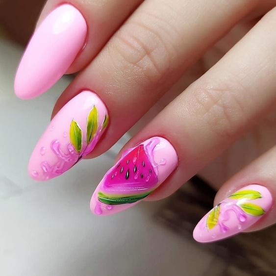 Fuchsia Watermelon Almond Nails with Water Droplets