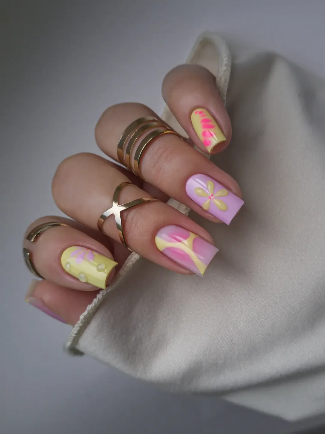 Fun Lavender Lemon Abstract Swirl Art Nails