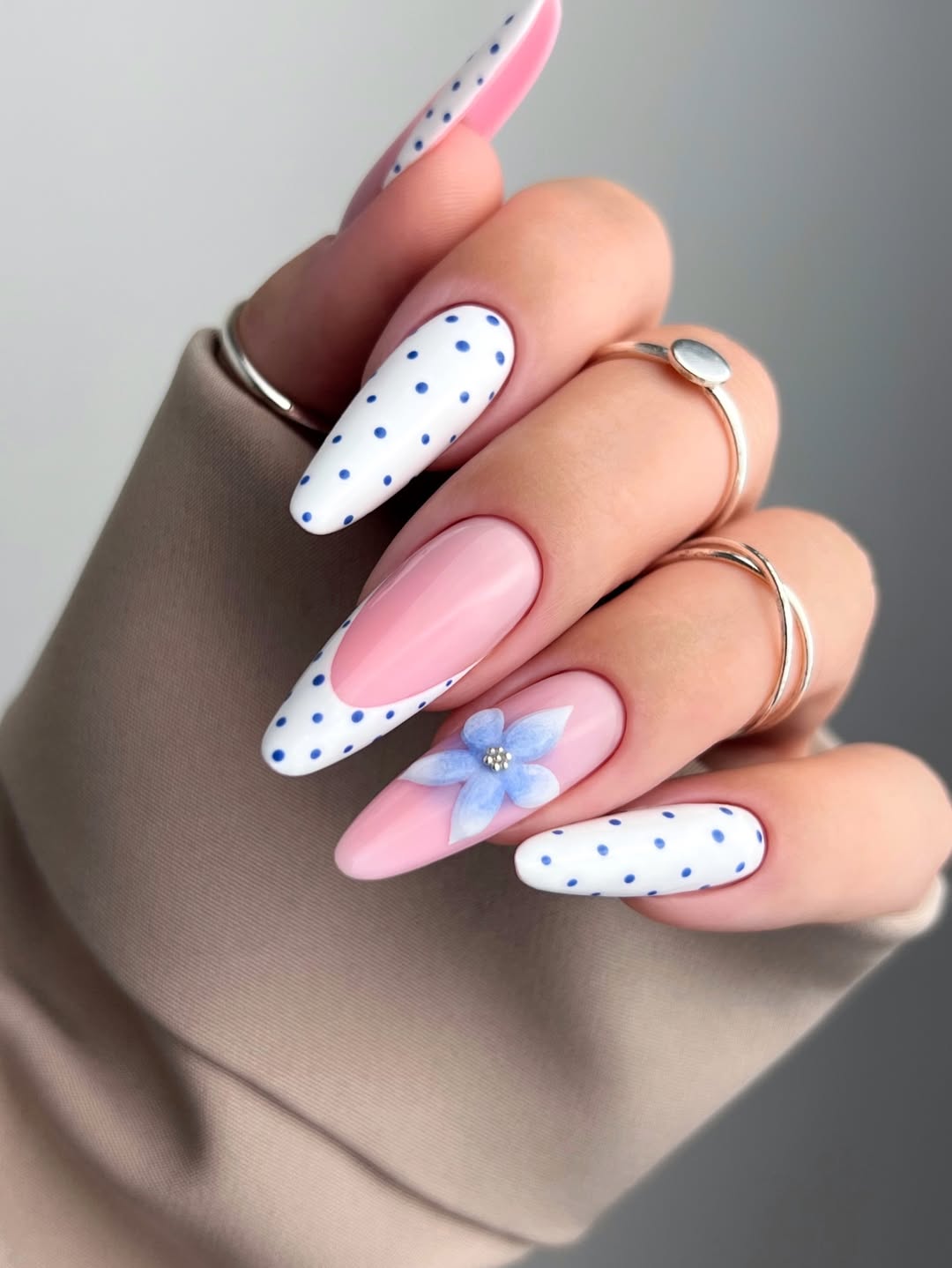 Fun Polka Dot French Tips With 3D Blue Flower Accent