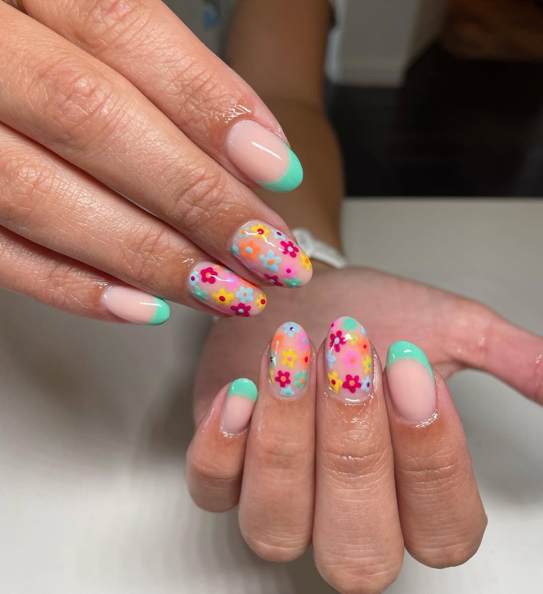 Fun Summer Floral French Tip and Full Coverage Nails
