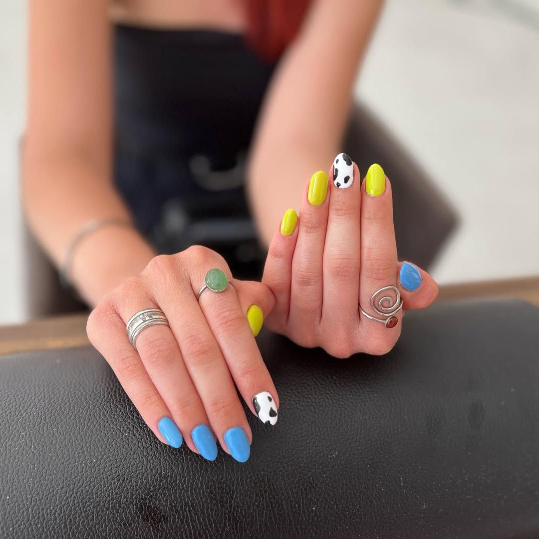 Funky Bright Blue Yellow Cow Print Mismatched Nails