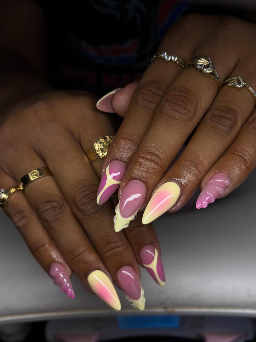 Funky Pink Yellow Gradient 3D Wavy Stiletto Nails