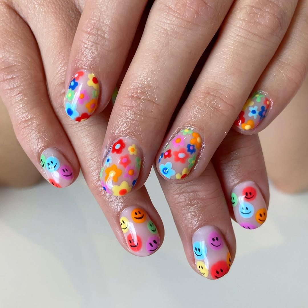 Funky Rainbow Floral and Smiley Face Nails