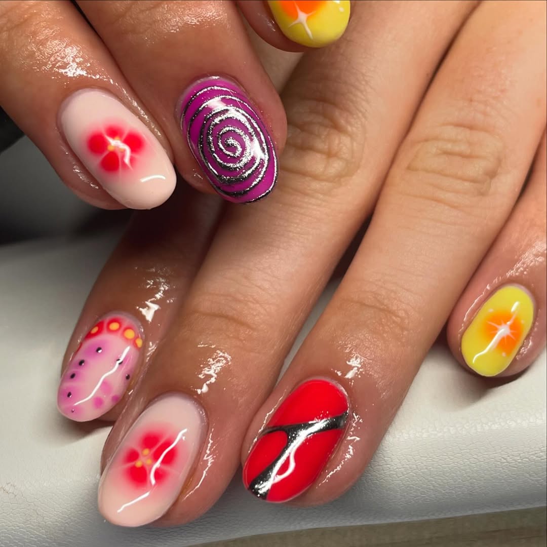 Funky Summer Swirls and Floral Art Oval Nails