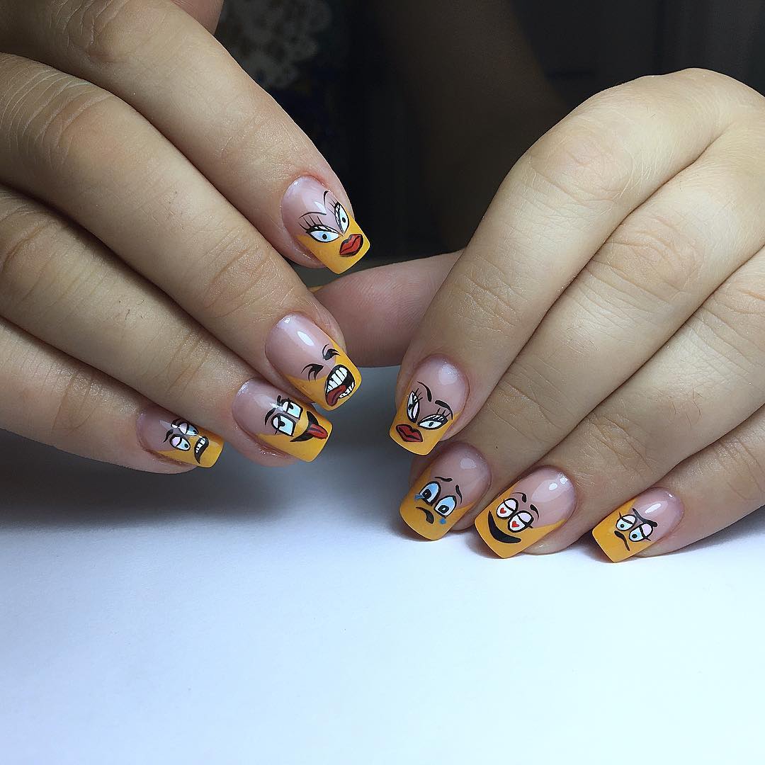Funny Cartoon Face Yellow French Tips