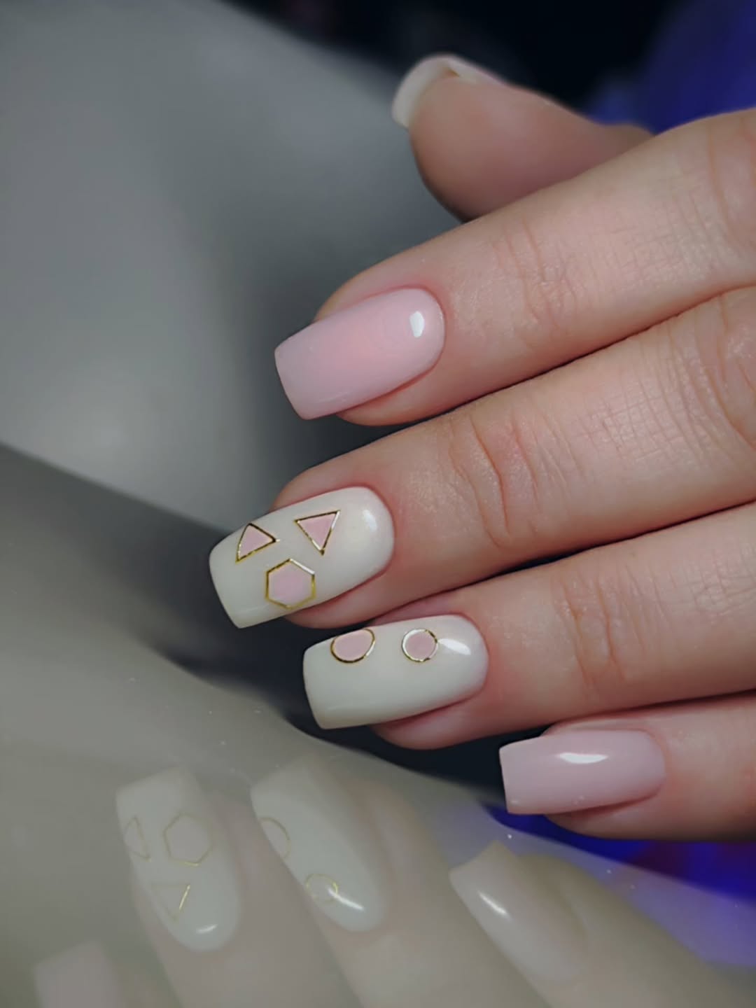 Geometric Pink and White Squoval Nail Art