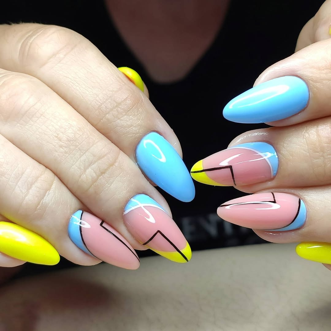 Geometric Primary Color Glossy Almond Nails