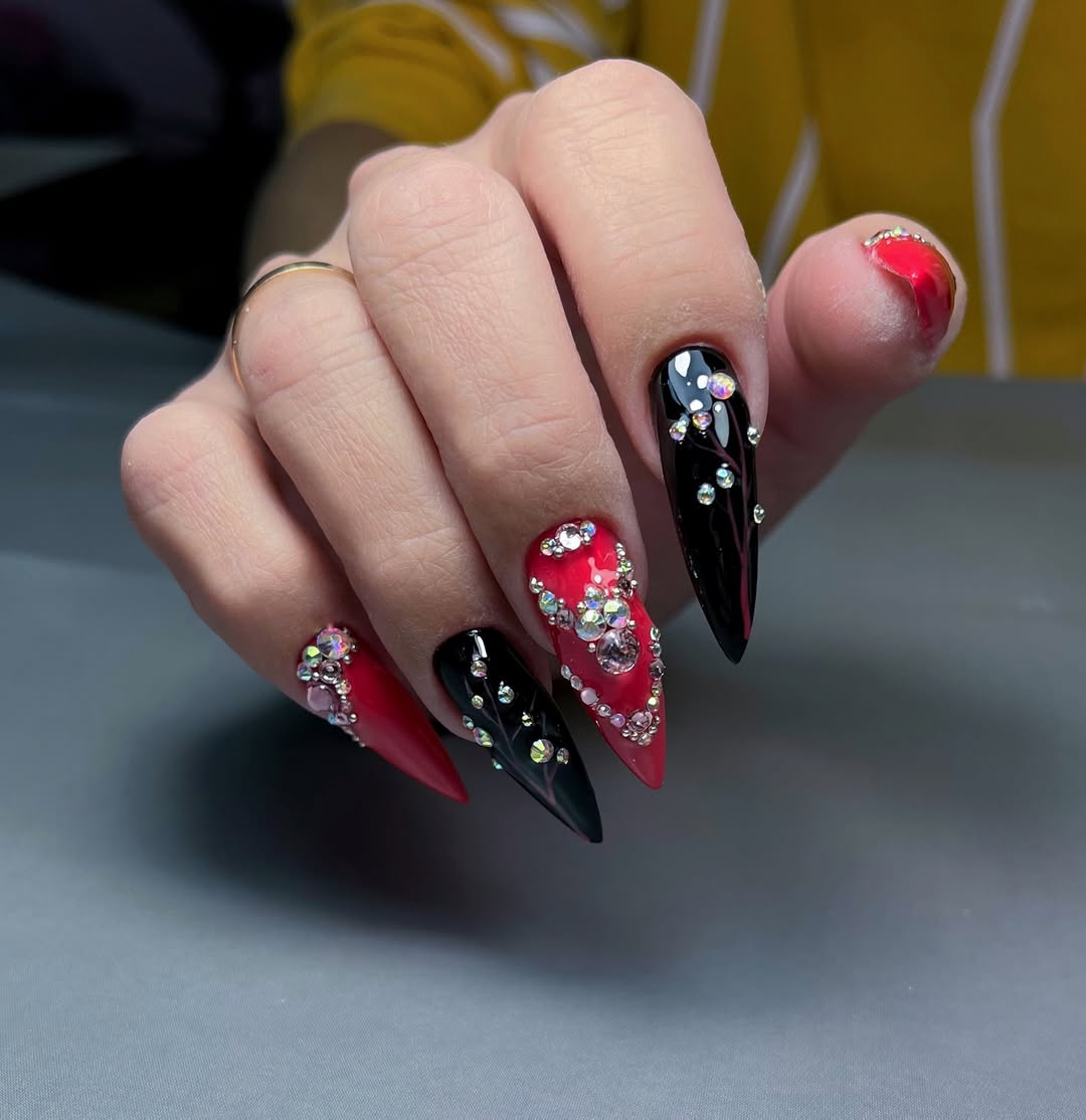 Glam Black Red Stiletto Rhinestone Nails