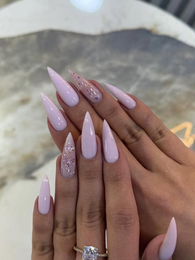 Glam Lavender Glitter Stiletto Nails
