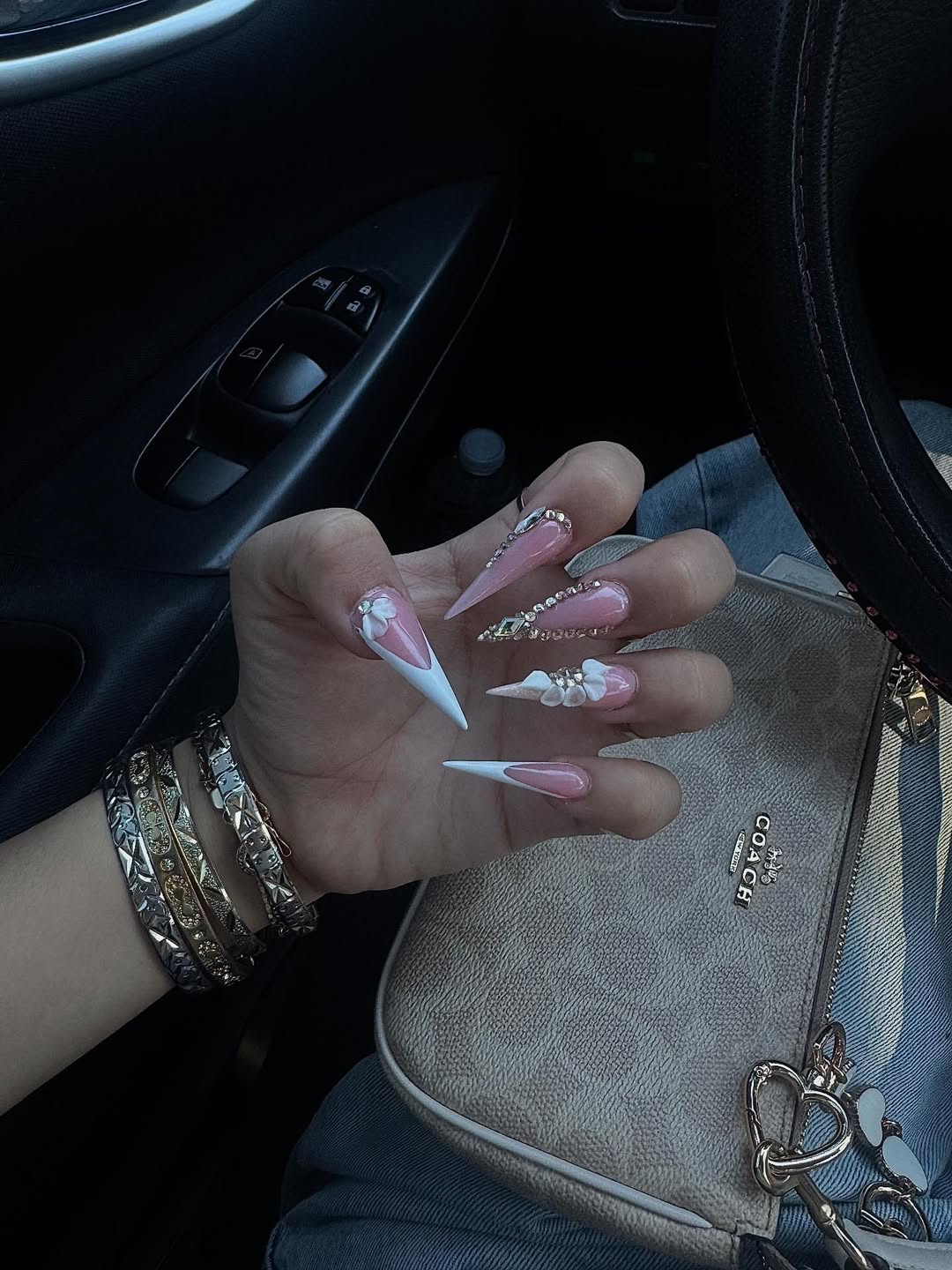 Glam Pink Stiletto French Tips With Jewels And 3D Flowers