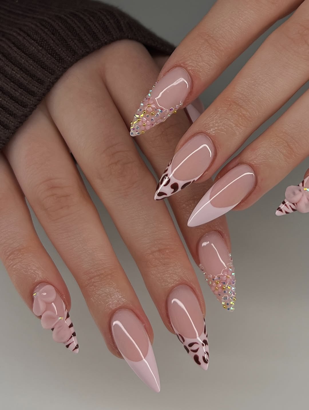Glam Stiletto French Tips With Jewels And 3D Flowers