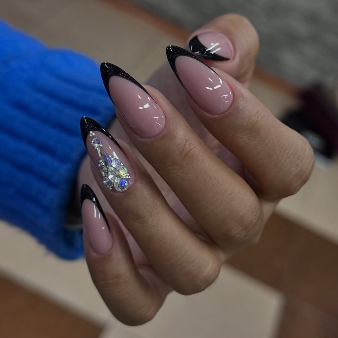 Glamorous Black Glitter French Tips With Rhinestone Embellishments