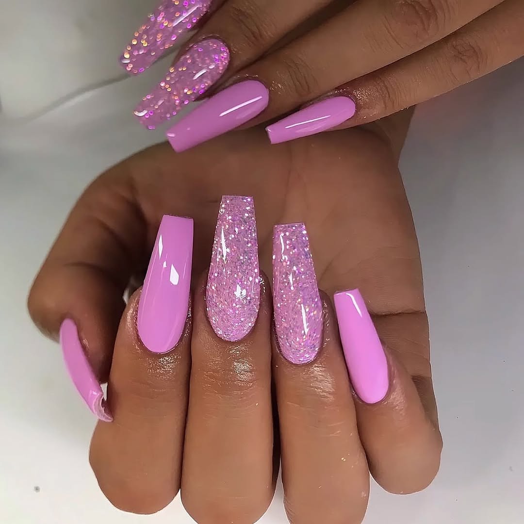 Glamorous Lavender Glitter Coffin Nails