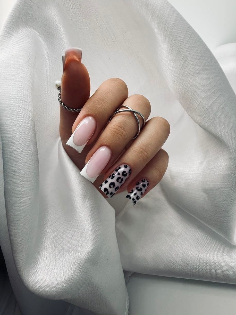 Glamorous Leopard Print French Tip Coffin Nails