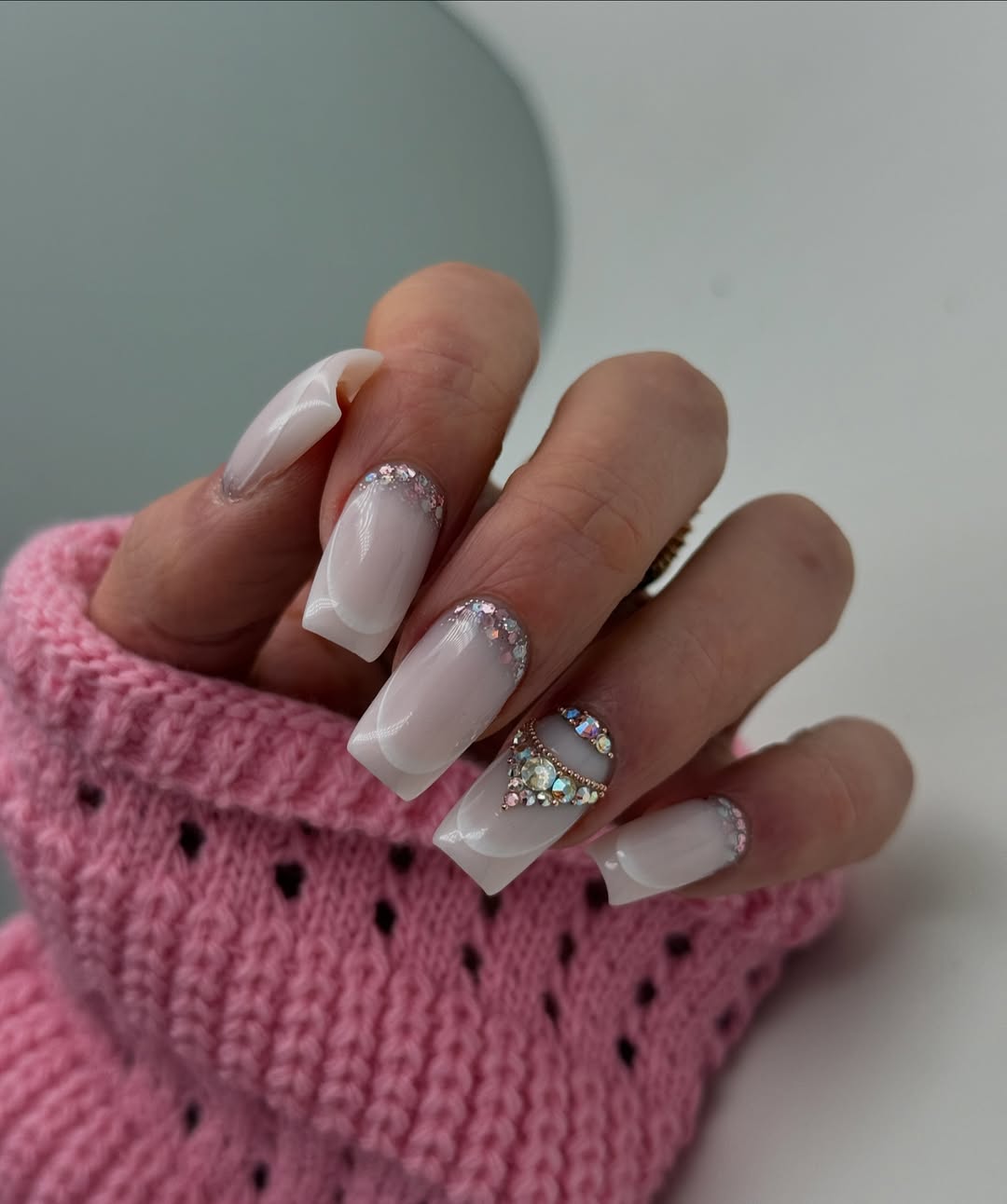 Glamorous Milky White French Tips With Rhinestone Embellishments