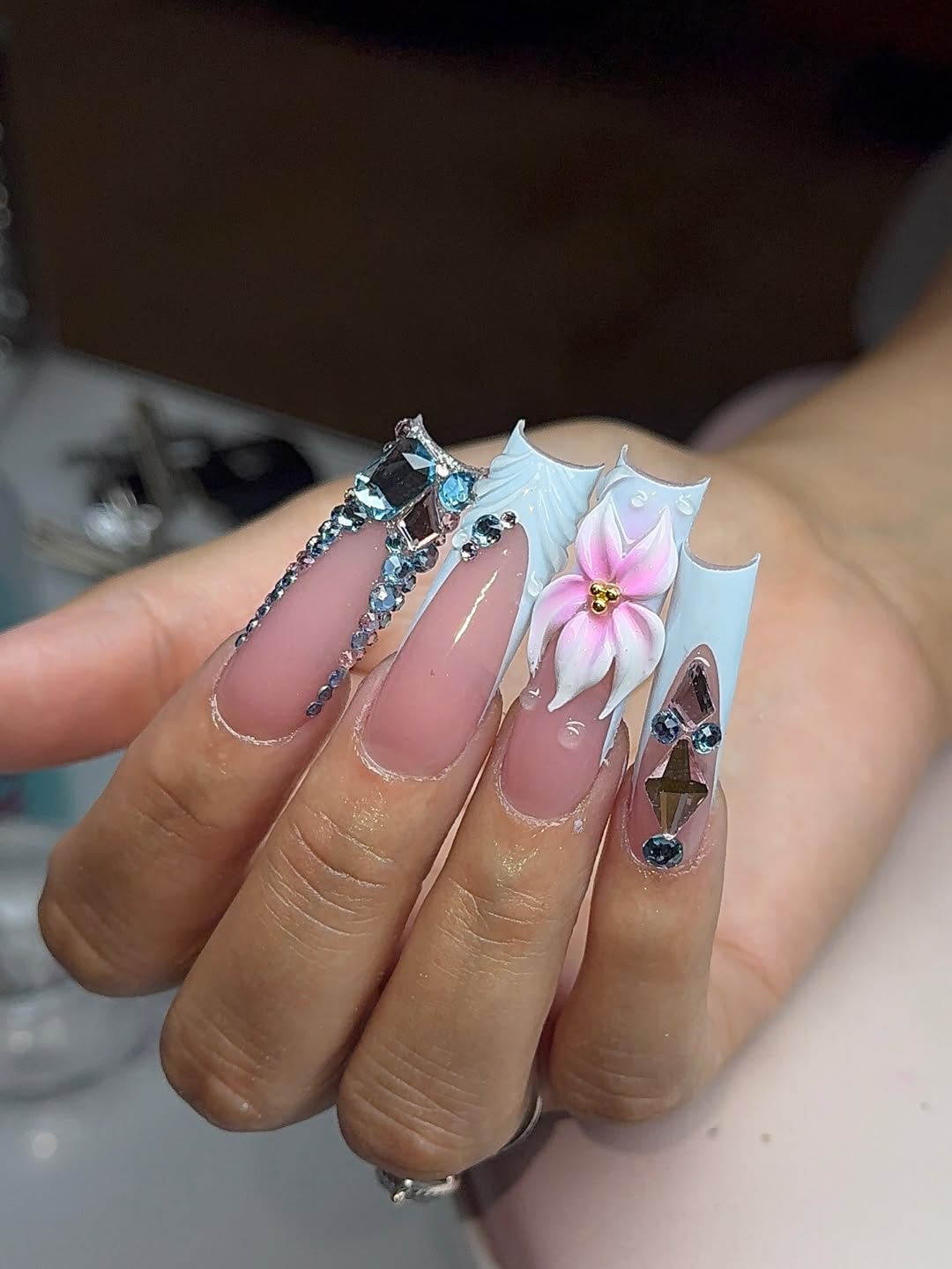 Glamorous Pink Nude Baby Blue Rhinestone Floral Extra Long Coffin Nails