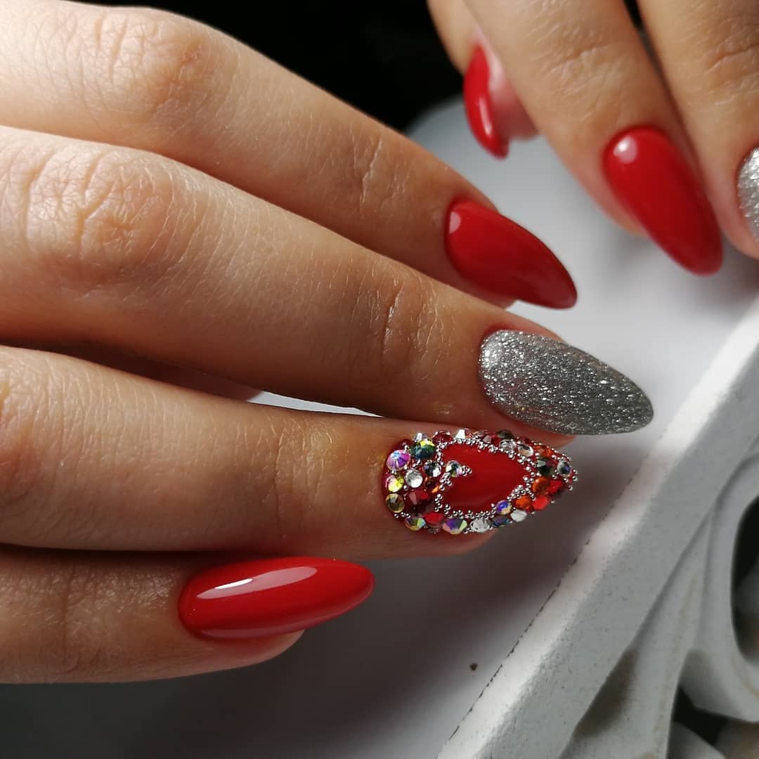 Glamorous Red, Silver & Rhinestone Almond Nails