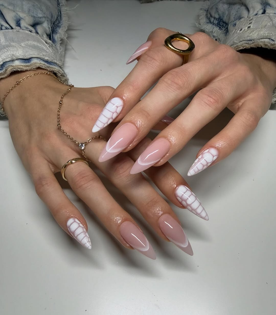 Glossy Almond French Tips With Crocodile Accent