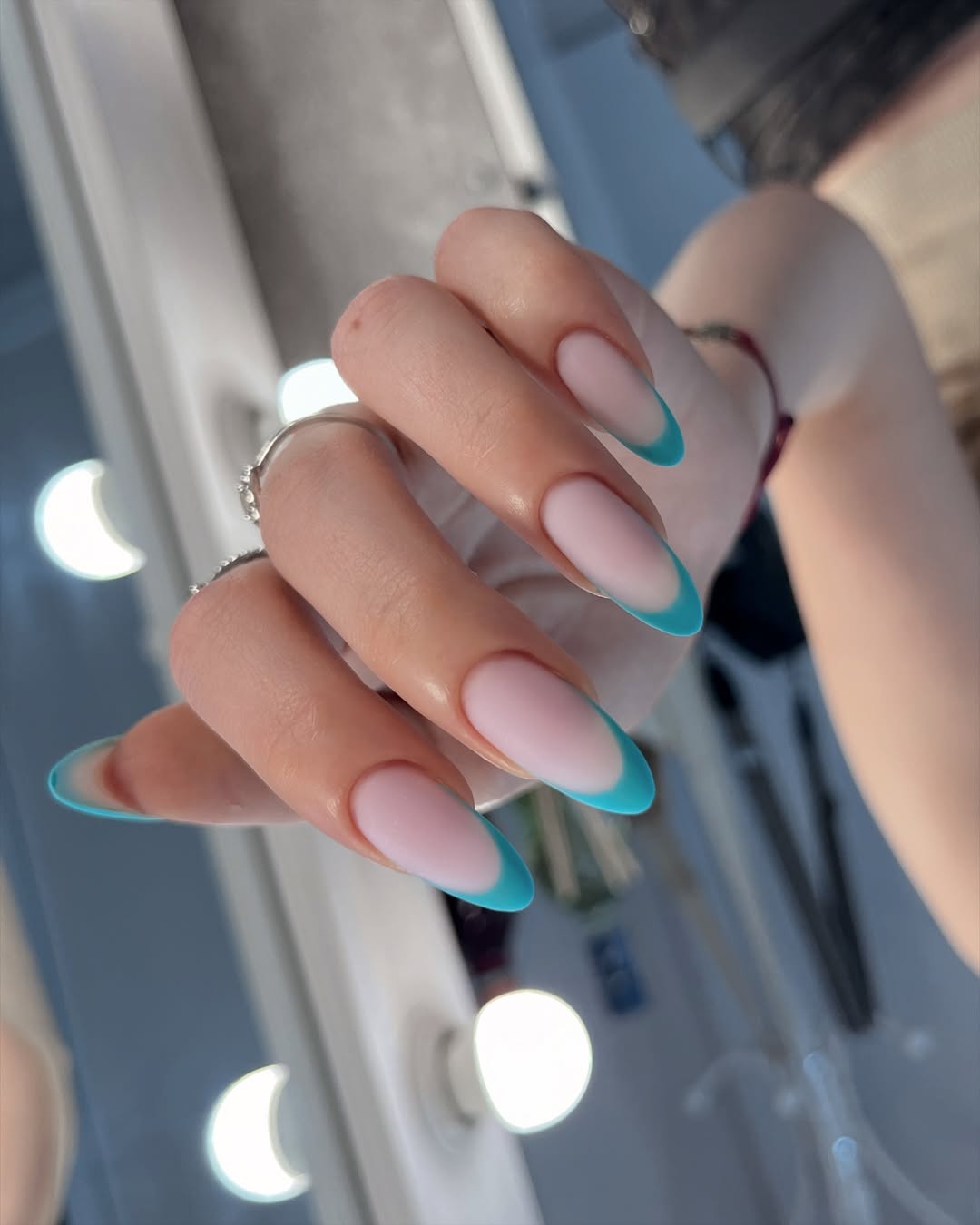 Glossy Aqua Blue Almond French Tips