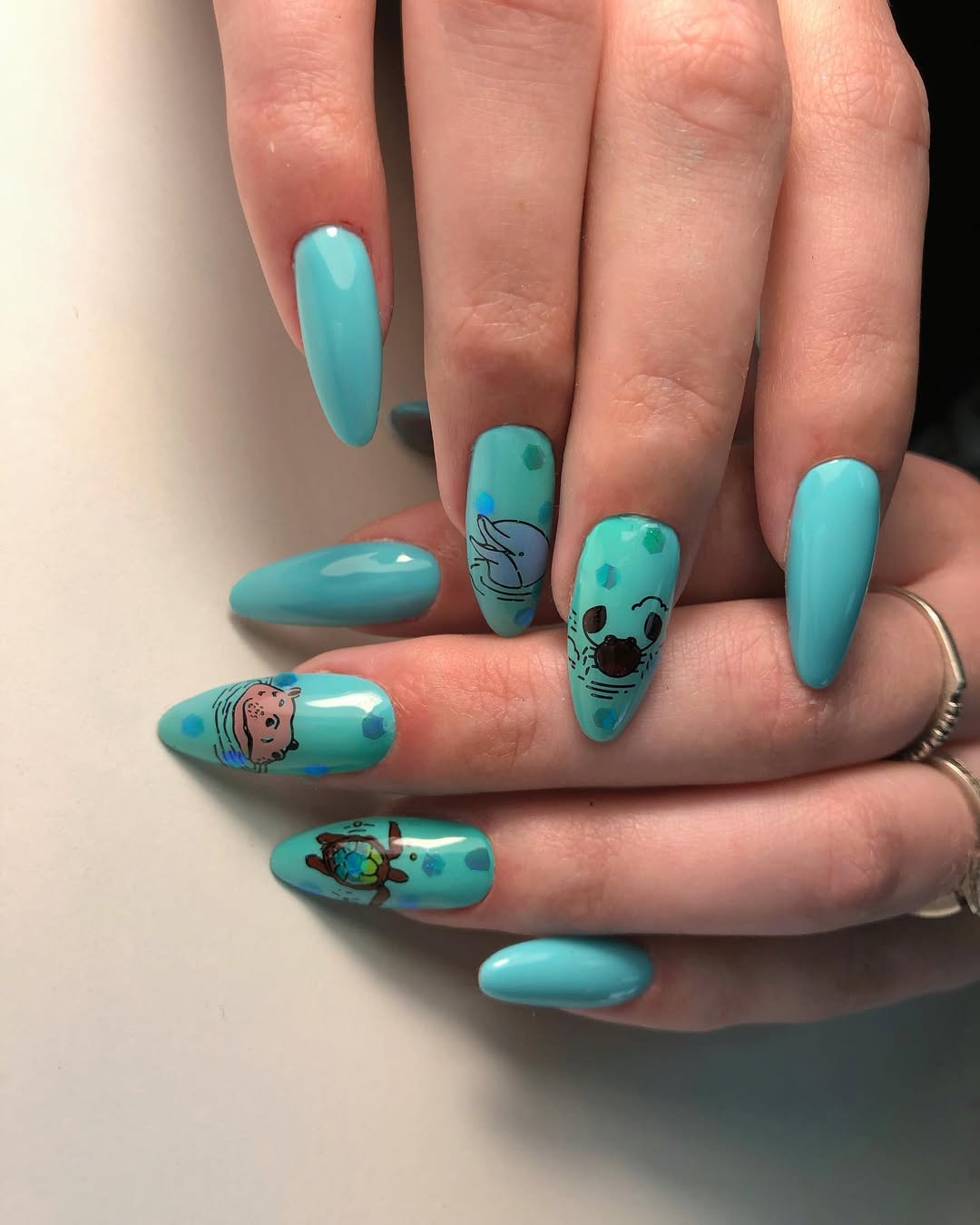 Glossy Aqua Blue Sea Life Hand Painted Coffin Nails