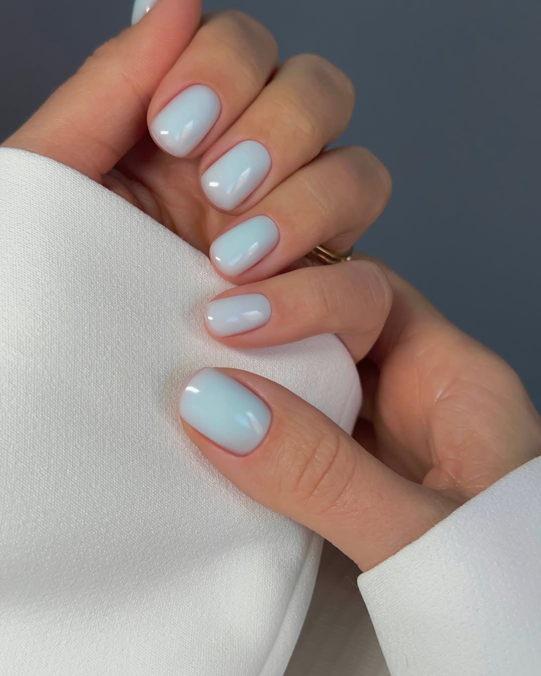 Glossy Baby Blue Jelly Short Squoval Nails