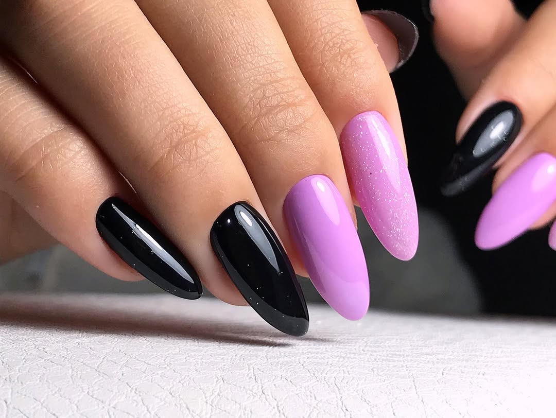 Glossy Black and Lavender Tapered Almond Nails