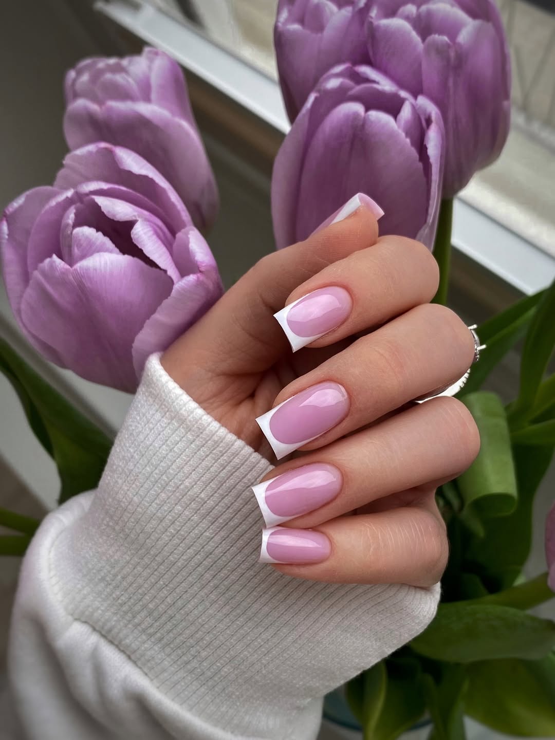 Glossy Bubblegum Pink French Tip Coffin Nails
