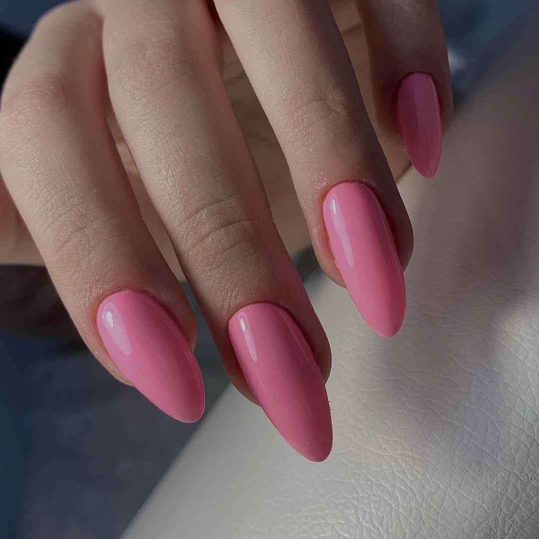 Glossy Bubblegum Pink Solid Color Almond Nails